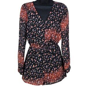 BCBGeneration XXS Floral Long Sleeve Romper Elastic Waist Sheer Button Front
